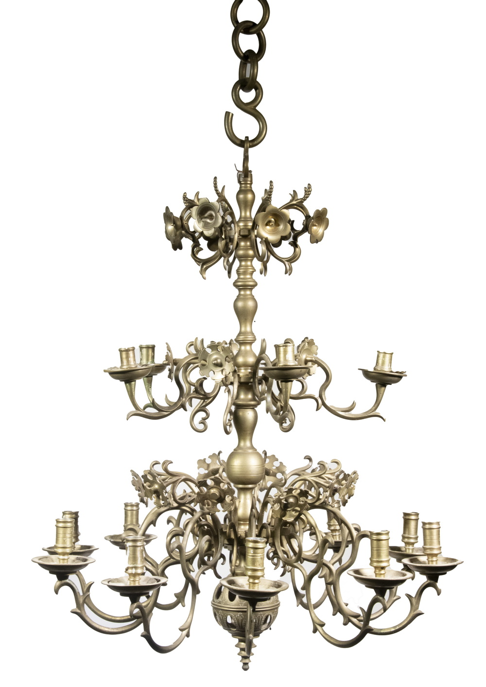 16TH C SOLID DUTCH BRASS CHANDELIER Three Tiered Chandelier with