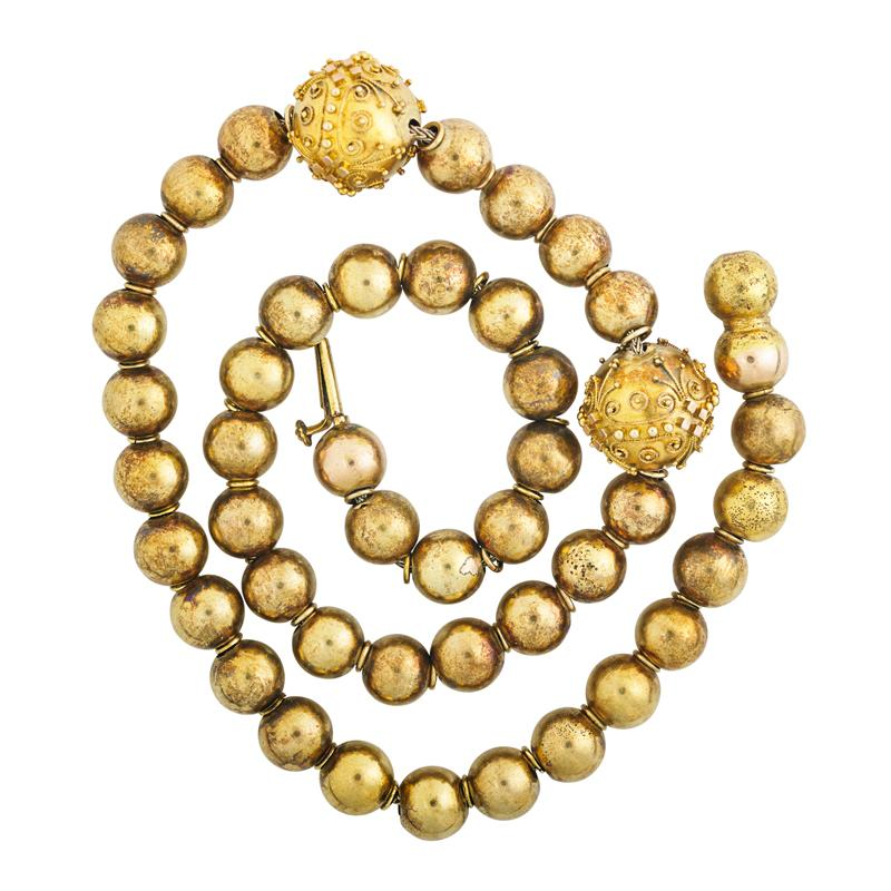 VICTORIAN YELLOW GOLD BEAD NECKLACE Bright circular beads Etruscan revival