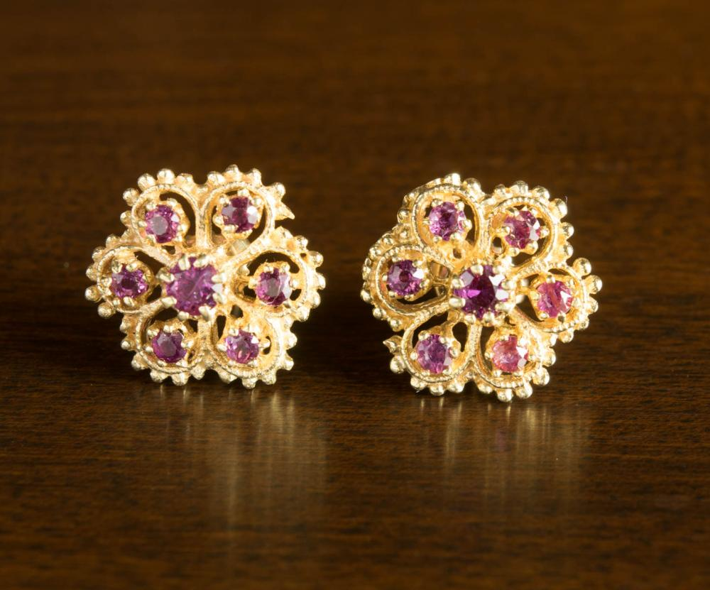 PAIR OF RUBY AND FOURTEEN KARAT GOLD EARRINGS each set