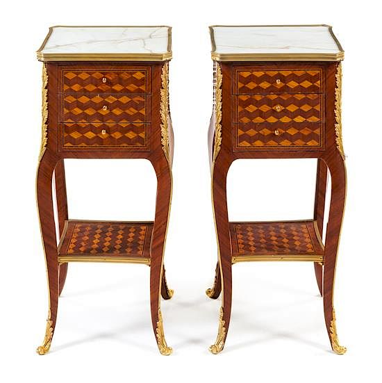 A Pair of Louis XV Style Gilt Bronze Mounted Parquetry