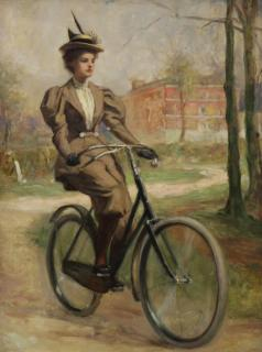 DAVIDSON Oil on Canvas Woman on Bicycle Signed lower right