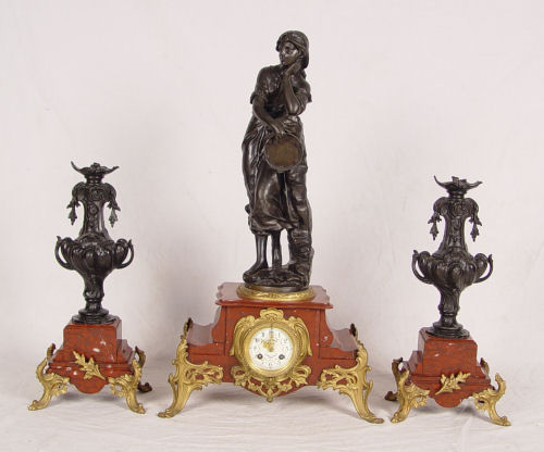 THREE PIECE FRENCH BOHEMIENNE PRATT CLOCK GARNITURE Ormolu mounted red