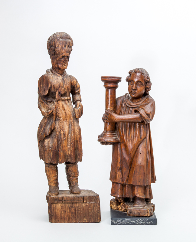 MEDIEVAL STYLE CARVED WOOD FIGURE CARRYING A COLUMN Together with