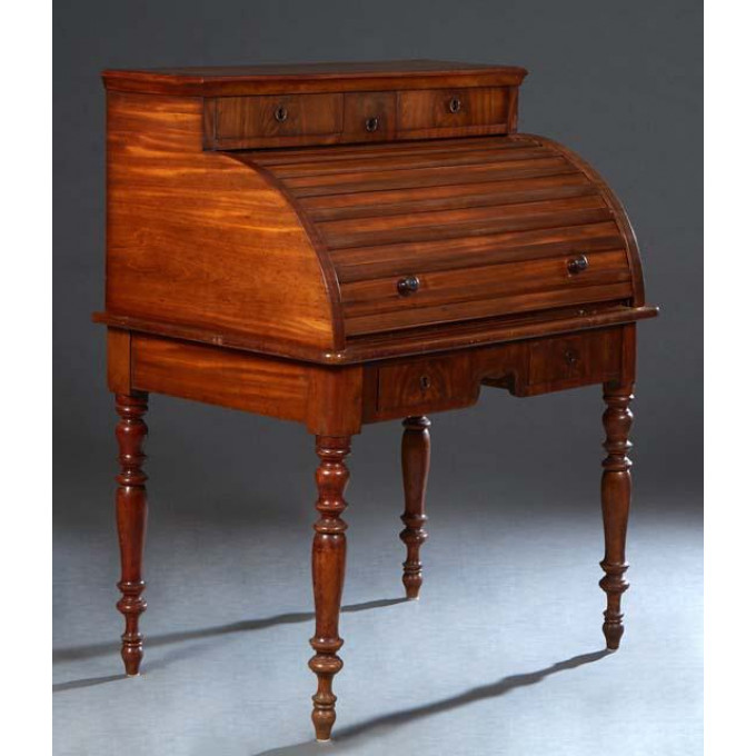 French Carved Walnut Roll Top Desk 19th c with two