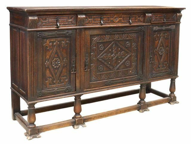 Continental Renaissance Revival oak sideboard early 20th c long rectangular