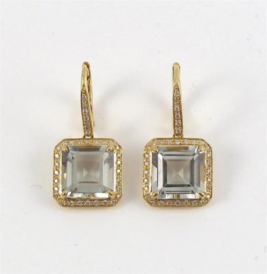 A pair of pale green quartz and diamond cluster drop