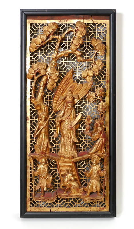GILT DECORATED CHINESE WALL PANEL Carved and pierced gilt over
