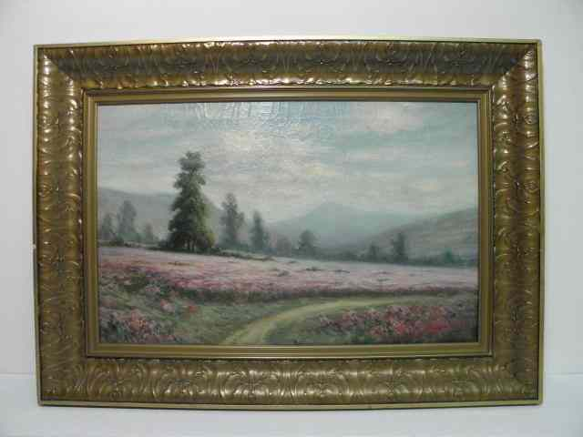 Oil on canvas landscape painting depicting a mountainside meadow Signed