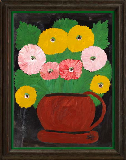Clementine Hunter American Louisiana 1887 1988 Zinnias in a Red