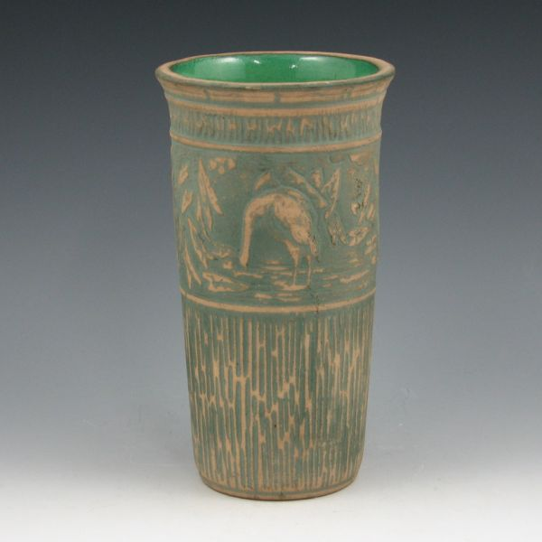 Red Wing Brushware vase with molded design of cranes wading