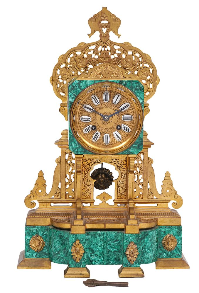 19th Ct French Malachite Dore Bronze Mantel Clock Late 19th