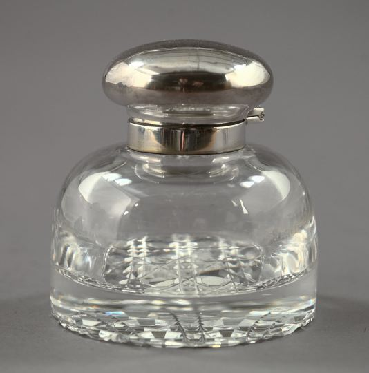 English Sterling Silver Mounted Cut Glass Ink Bottle London 1892