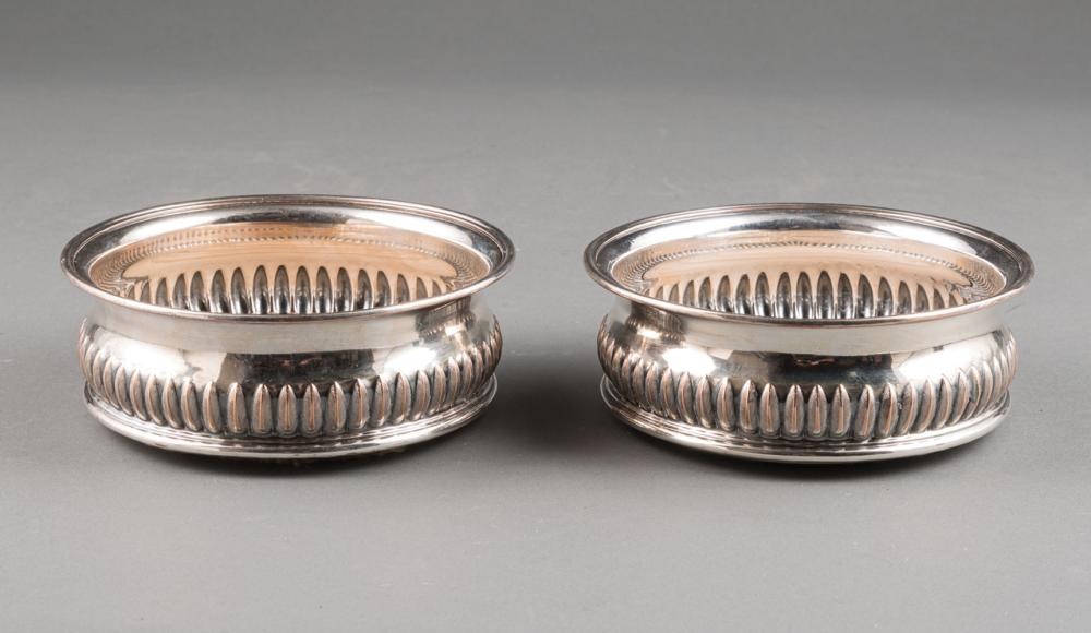 Pair of Old Sheffield Plate Wine Coasters 19th c turned