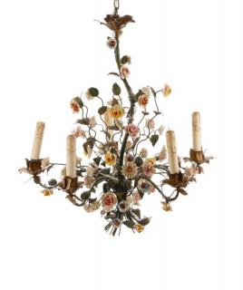 Continental Tole Porcelain 5 Light Chandelier Continental late 19th early