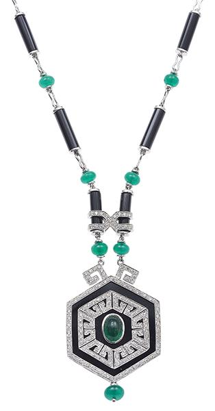 AN ART DECO STYLE ONYX EMERALD AND DIAMOND NECKLACE Having