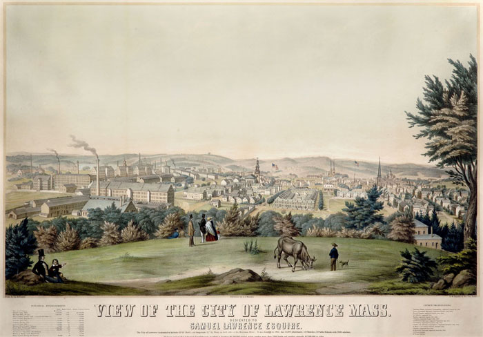 VIEW OF THE CITY OF LAWRENCE MASS Handcolored lithograph by