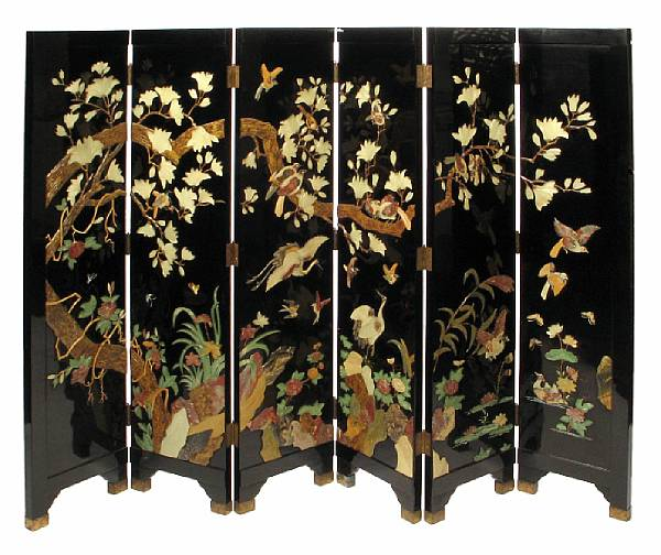 A Korean six panel hardstone mounted black lacquer screen height