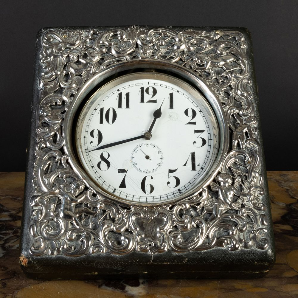 Edward VII Silver Mounted Leather Travel Clock Case and an