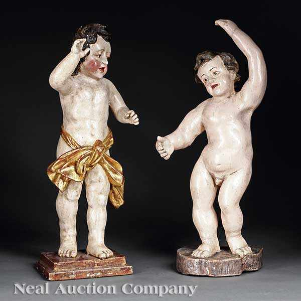 Two Polychrome Wood Figures 19th c probably Venetian depicting cavorting
