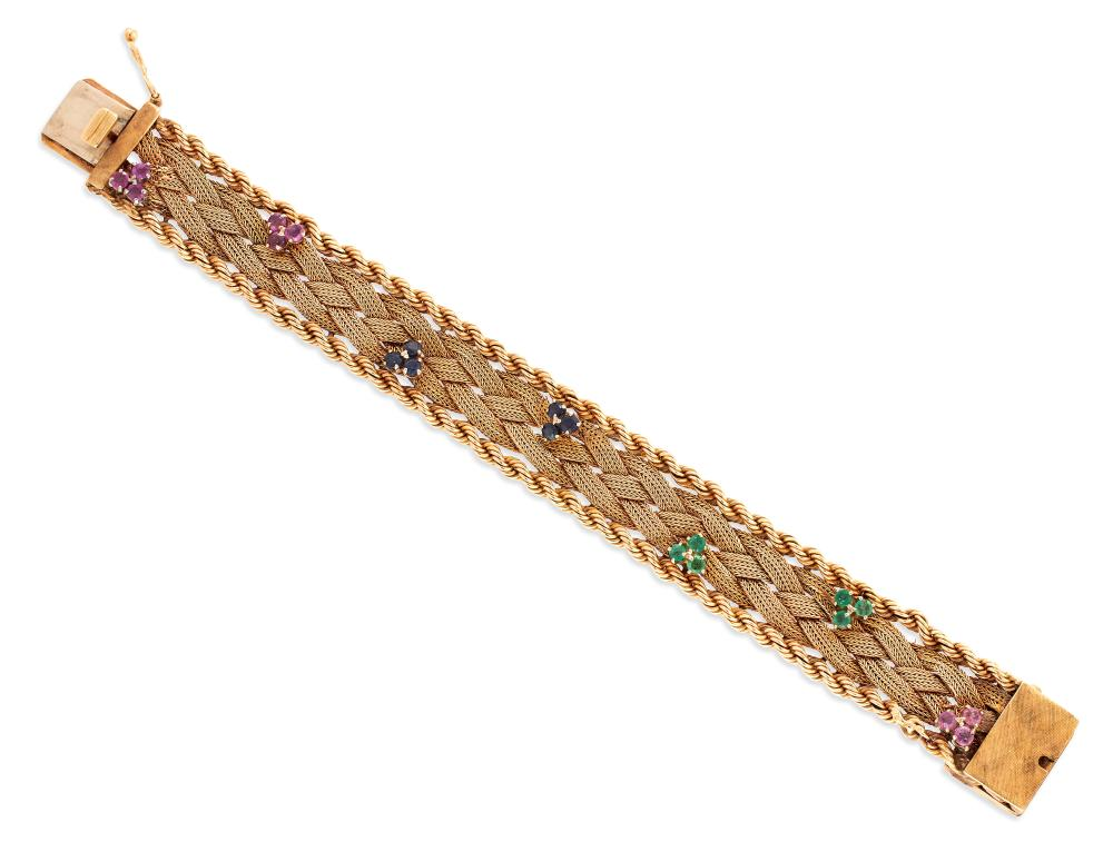 14KT YELLOW GOLD RUBY SAPPHIRE AND EMERALD WOVEN MESH BRACELET