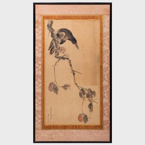 JAPANESE SCROLL OF A CROW AND PLUM BRANCHInk and color