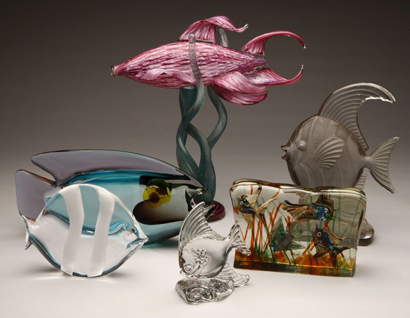 A group of six French and Italian art glass fish