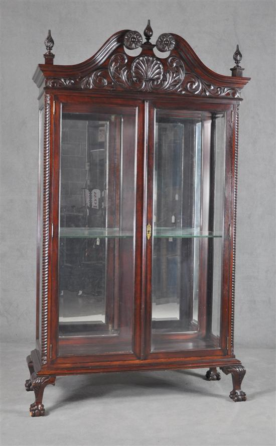 Colonial Revival Oak China Cabinet Circa 1900 Elaborately carved gooseneck