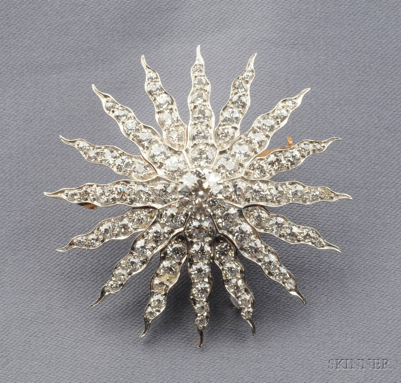 Edwardian Diamond Starburst Brooch centering an old European cut diamond