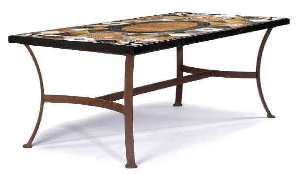 An Italian Baroque style pietra dura marble and iron table