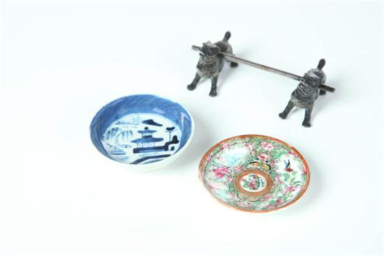 THREE ITEMS European 19th century metal Knife rest with dog