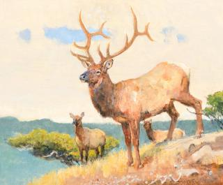 BOB KUHN 1920 2007 Elk Topping Outacrylic on board10 x