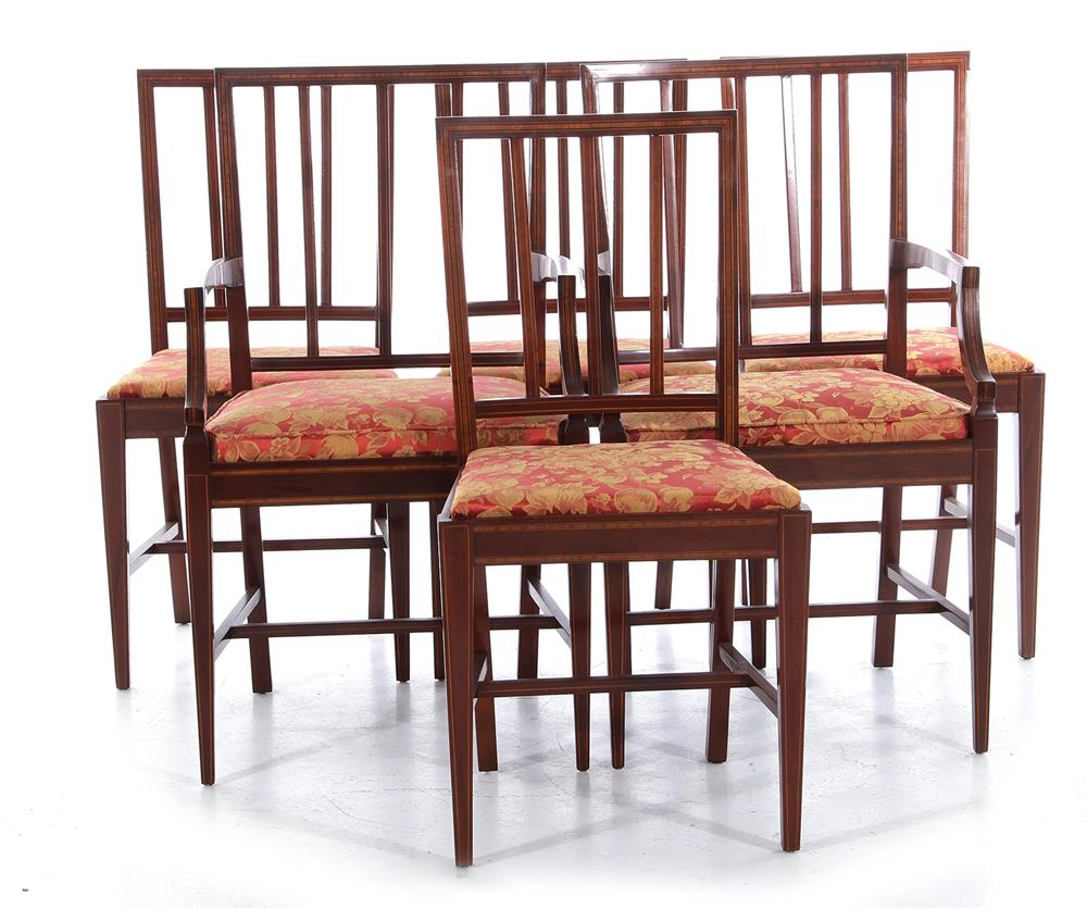 Hepplewhite style inlaid mahogany dining chairs 2 arm and 4