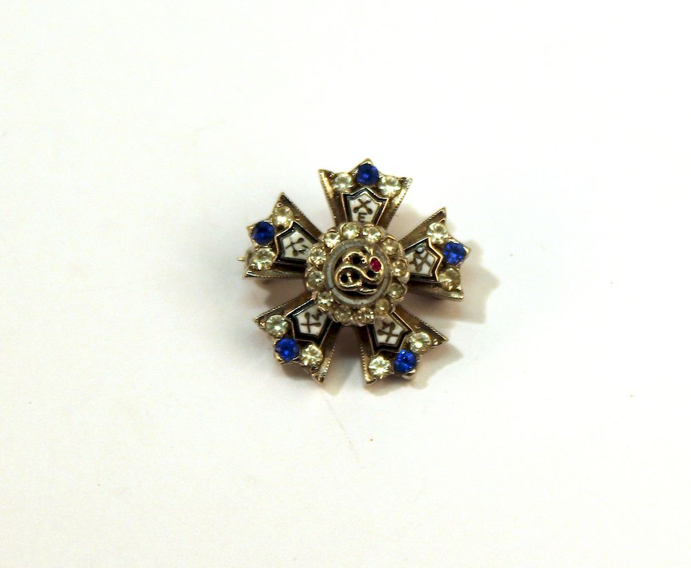 White Gold Ruby Topaz Enamel Brooch 10K white gold ruby