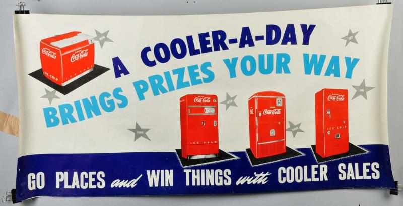 Heavy Linen Coca Cola Banner Description 1950s Promotes cooler sales