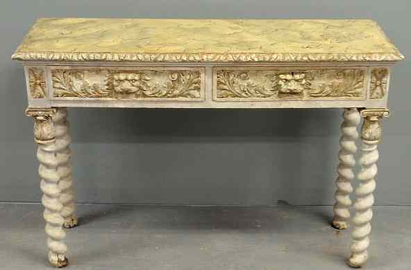 Continental two drawer table with leopard head pulls and painted