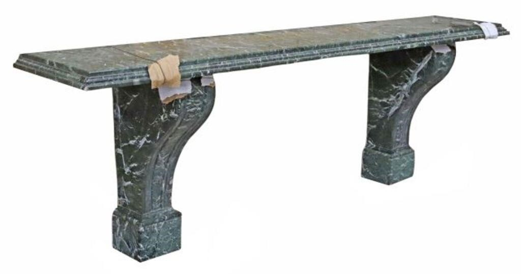 Exceptional large green marble console table having stepped rectangular top