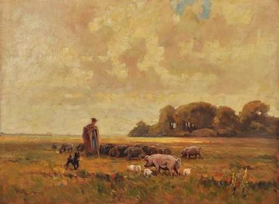 Janos Rokosi Uitz Hungarian b 1887 Landscape with herdsman a