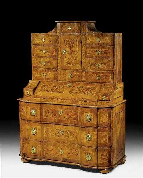 BUREAU CABINET Baroque probably Austria circa 1760 Walnut burlwood and
