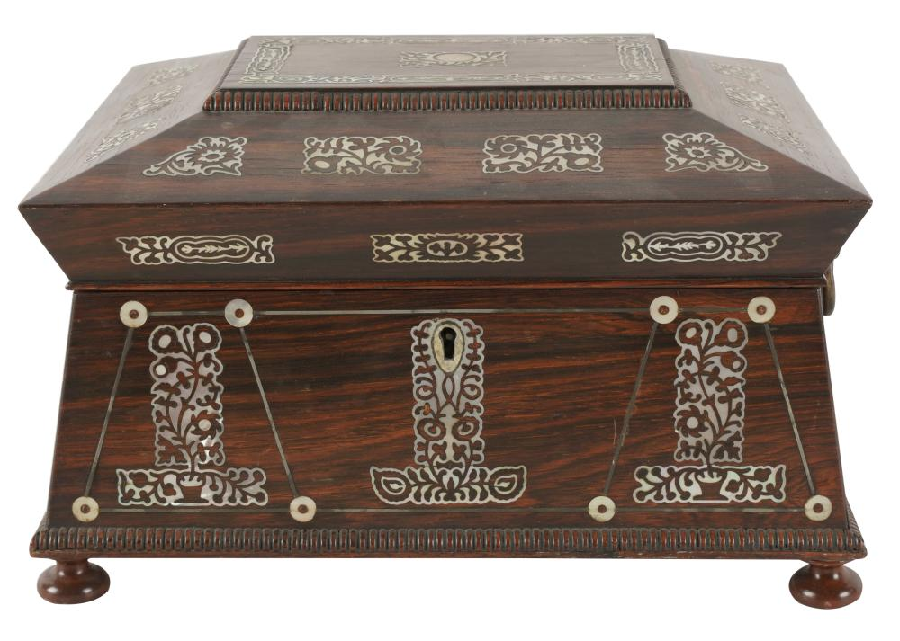 MOTHER OF PEARL INLAID JEWELRY BOXthe hinged lid enclosing a