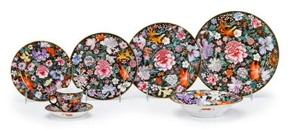 Fine Chinese seven piece famille rose and gilt decorated porcelain