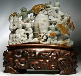 LARGE CHINESE JADEITE GROUP Large Chinese carved jadeite group of