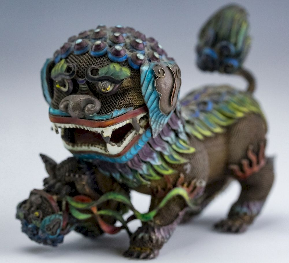 Chinese Silver Enamel Filigree Foo Dog Statue Vintage Chinese export