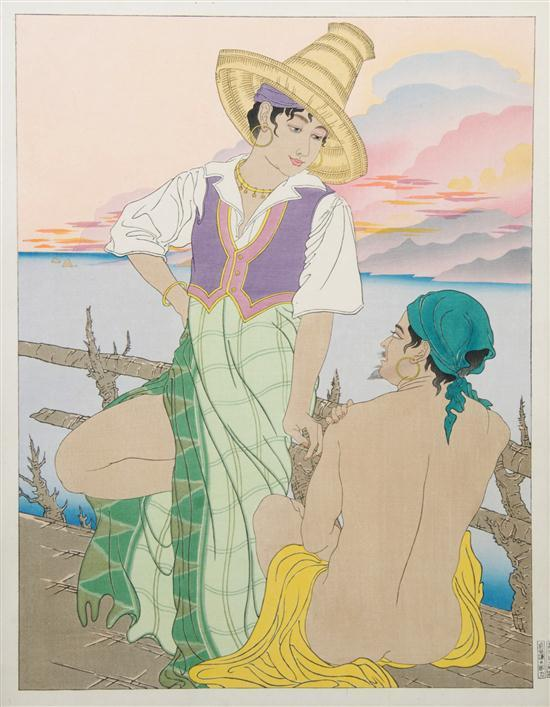 Woodblock Print Paul Jacoulet French 1902 1960 Coucher de Soleil