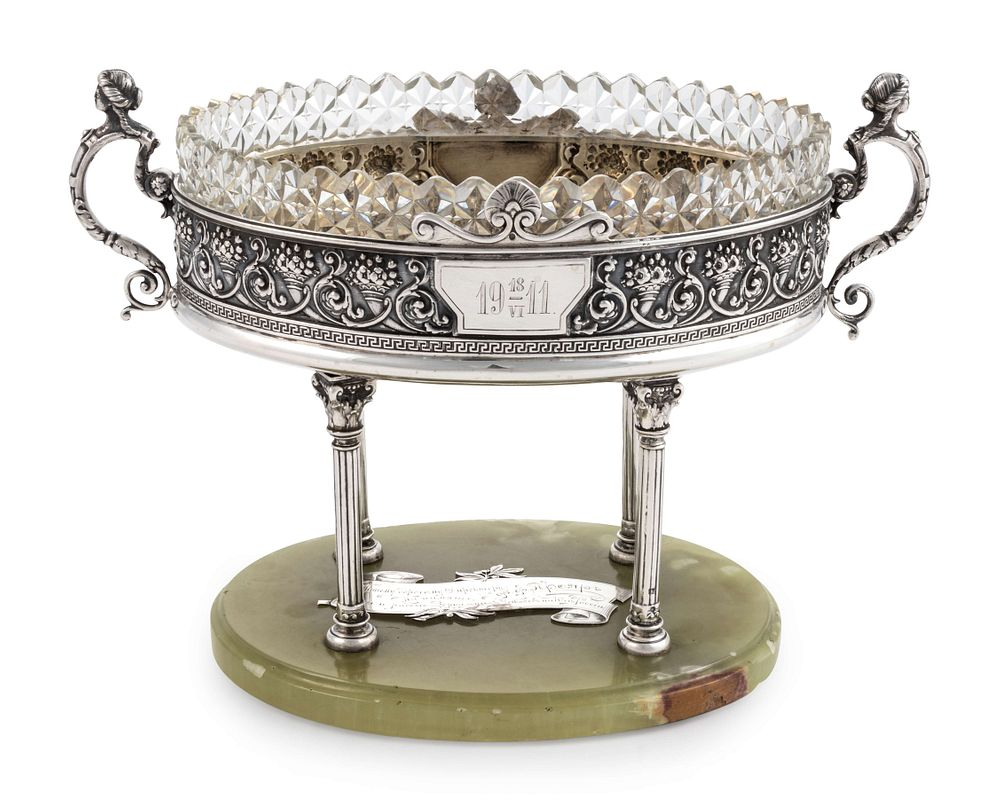 A Large Russian Silver and Agate Mounted Centerpiece Bowl A