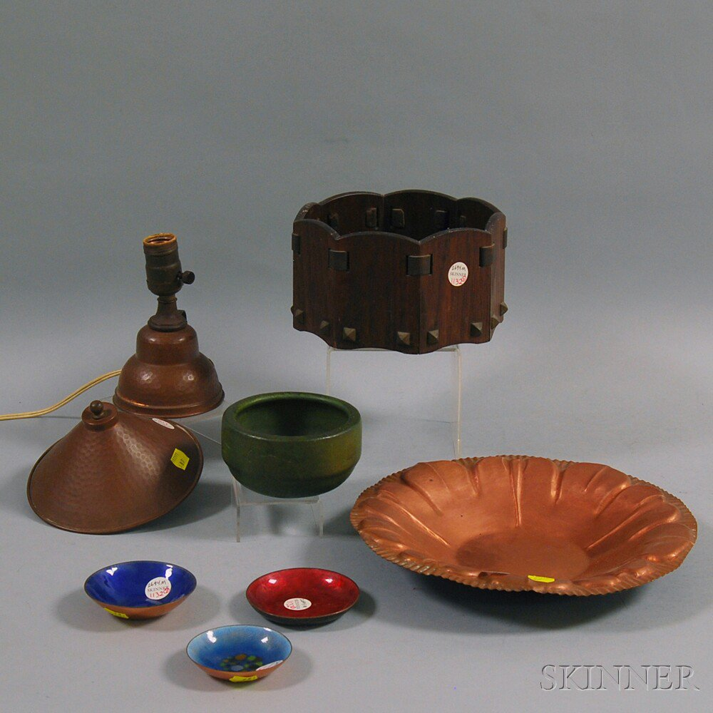 Seven Copper Wood and Enamel Items an octagonal bin with