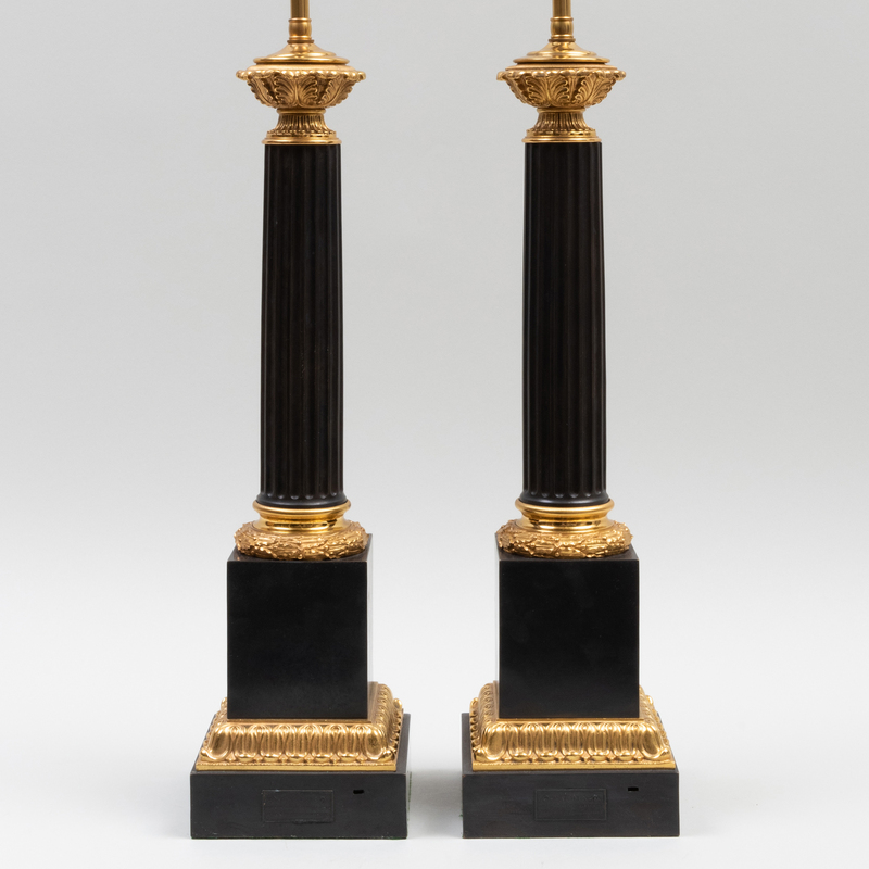 Pair of Naudin Parcel Gilt Bronze Columnar Form Lamps With