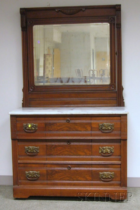 Victorian Eastlake type White Marble top Carved Walnut Mirrored Dresser
