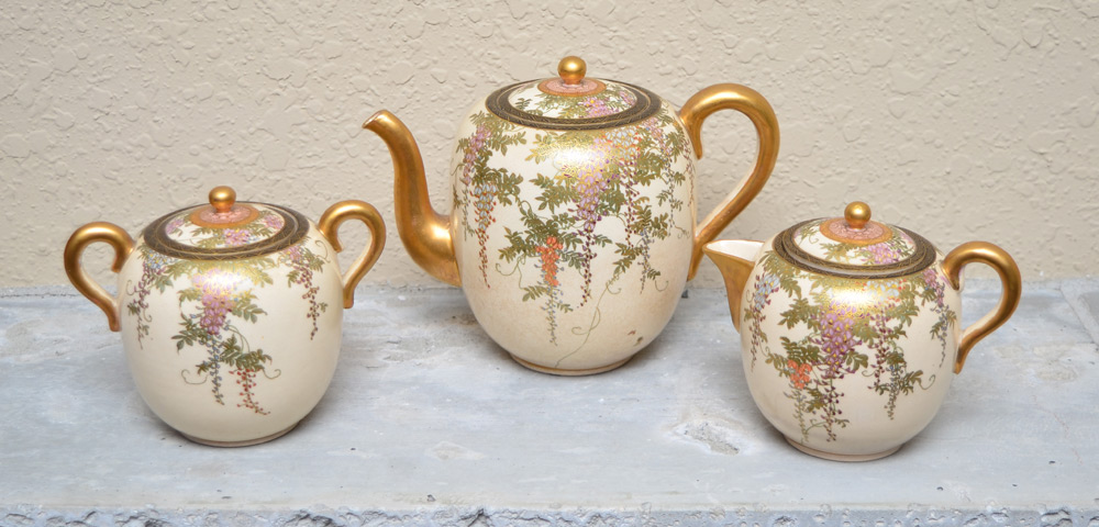 3 PIECE JAPANESE SATSUMA TEA SET Hand painted Satsuma tea