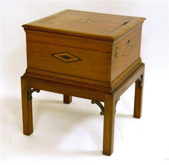Inlaid box on custom stand hinged lid diamond and contrasting