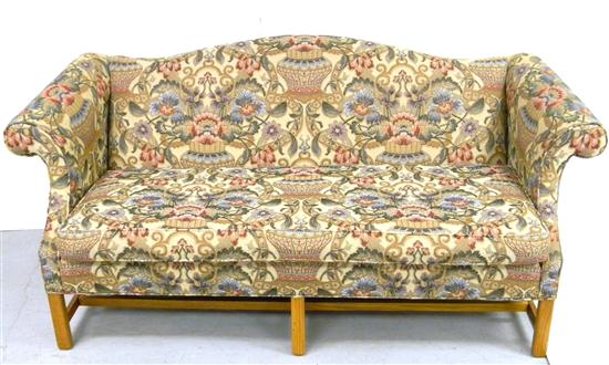 Hitchcock camel back sofa with polychrome tapestry fabric singular detached